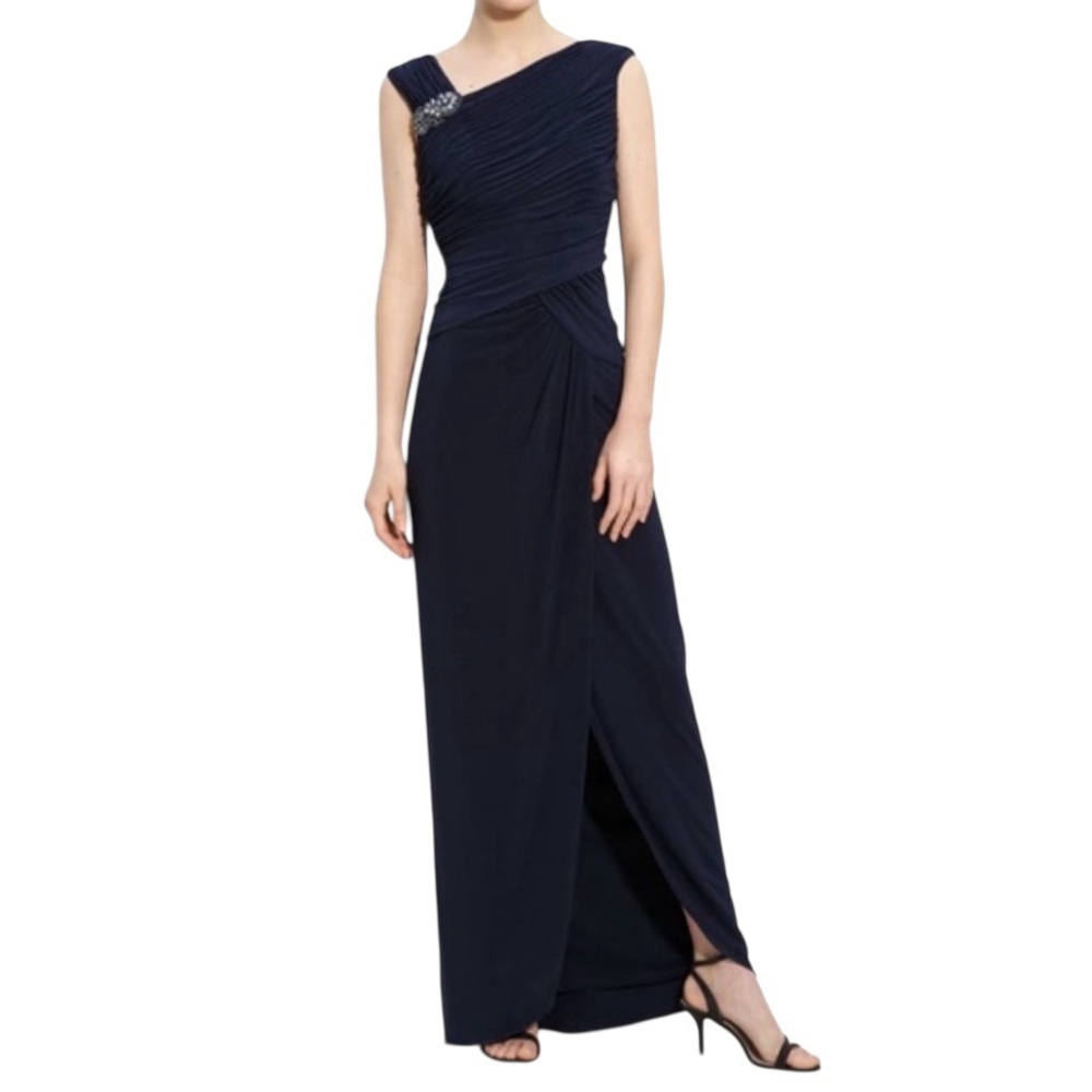 ADRIANNA PAPELL Navy Blue Ruched Formal Length Evening Gown w/Broach Sz 12